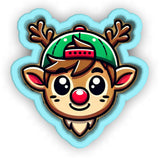 a sticker of a deer wearing a green hat