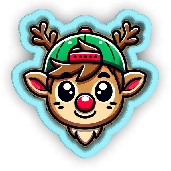 a sticker of a deer wearing a green hat