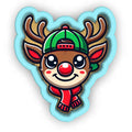 a sticker of a reindeer wearing a hat and scarf