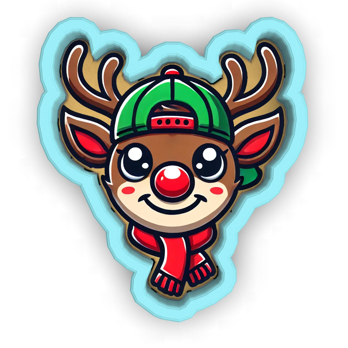 a sticker of a reindeer wearing a hat and scarf
