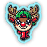 a sticker of a reindeer wearing a hat and scarf