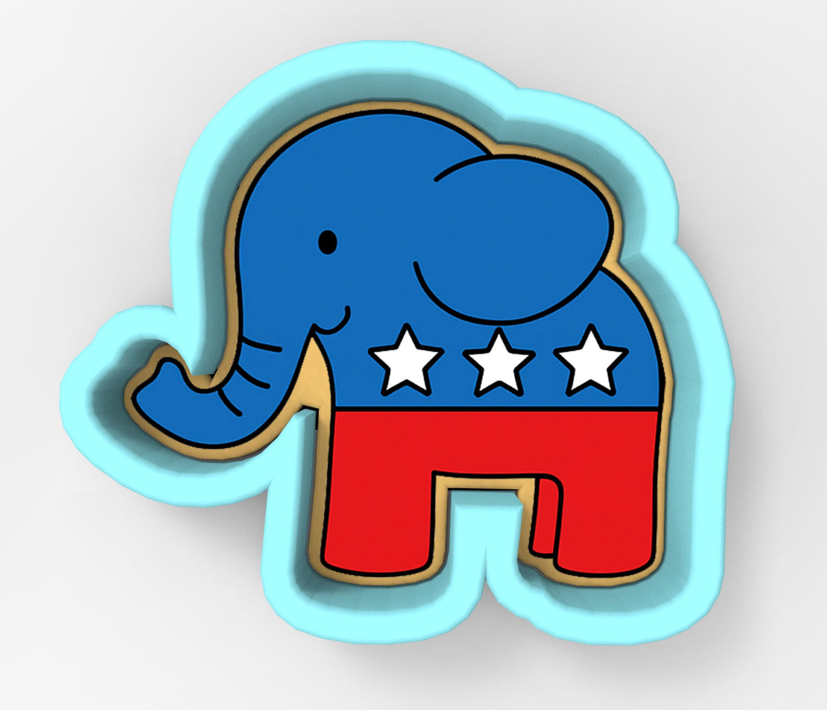 A blue elephant cookie cutter with red pants and stars on its back.