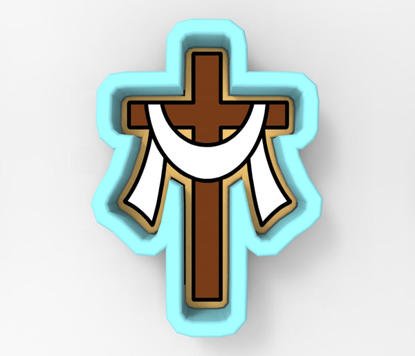 A 3D rendering of a cross with a white cloth draped over it, set against a light blue background.