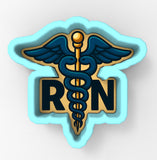A blue and gold medical symbol, resembling a caduceus, with the letters "RN" below it.
