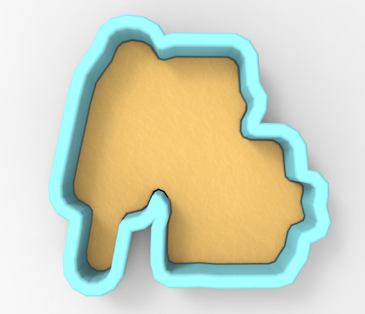 A 3D rendering of a cookie cutter in the shape of a house, with a light yellow interior and a blue exterior.