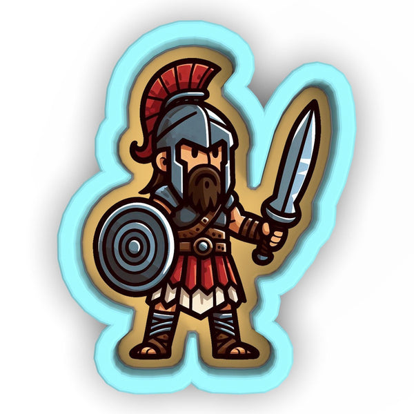 a sticker of a roman soldier holding a sword and shield