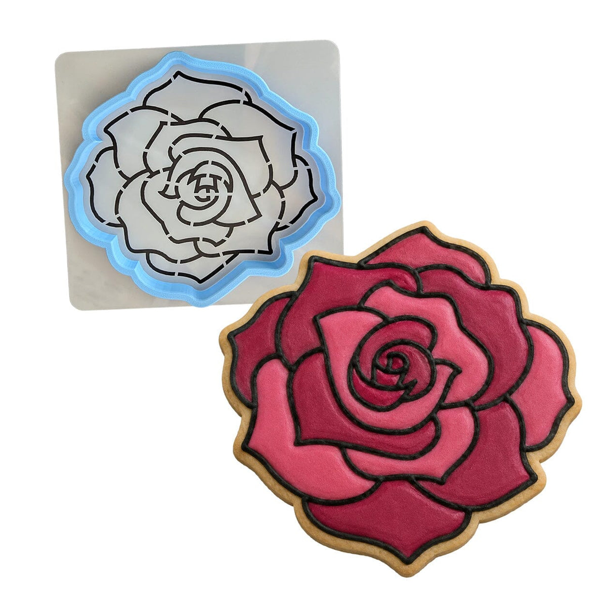 Rose Cookie Cutter | Stamp | Stencil #2 Wedding / Baby / V Day Cookie Cutter Lady MINI - 2 Inches (5cm) **BUNDLE** Cutter + Stencil 