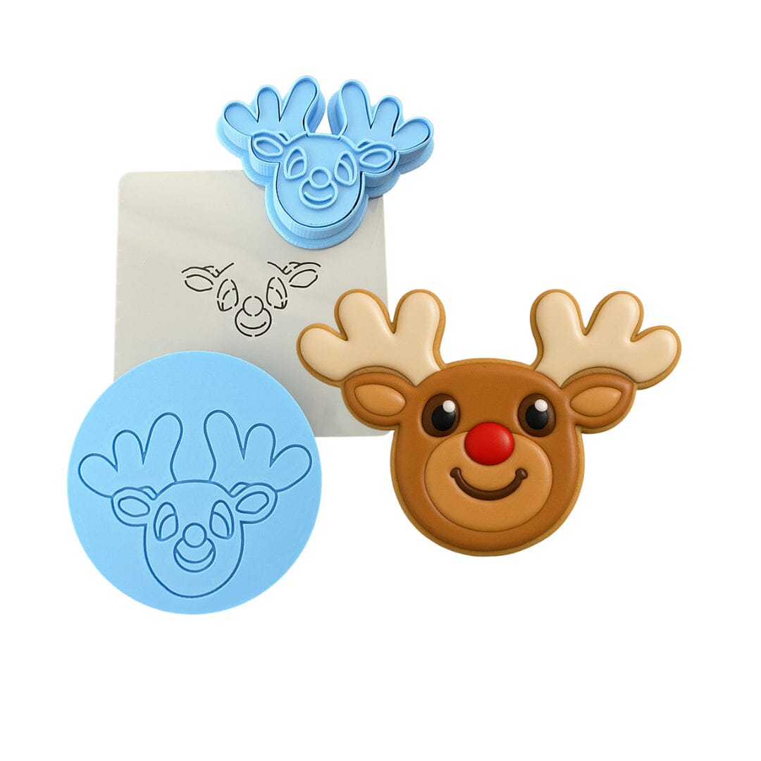 Rudolph Reindeer Cookie Cutter Outline & Stamp Xmas / Winter / NYE Cookie Cutter Lady MINI - 2 Inches (5cm) **FULL SET BUNDLE** Cutter + Stamp + Stencil + Debosser **BEST DEAL** 