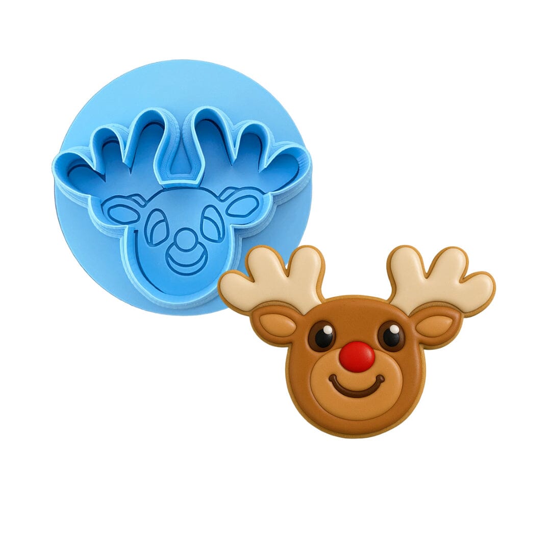Rudolph Reindeer Cookie Cutter Outline & Stamp Xmas / Winter / NYE Cookie Cutter Lady MINI - 2 Inches (5cm) **BUNDLE** Cutter + Debosser 