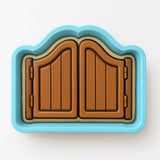 A wooden door with a curved top and bottom, set within a blue frame.