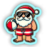 a cartoon santa clause holding a ball and sunglasses