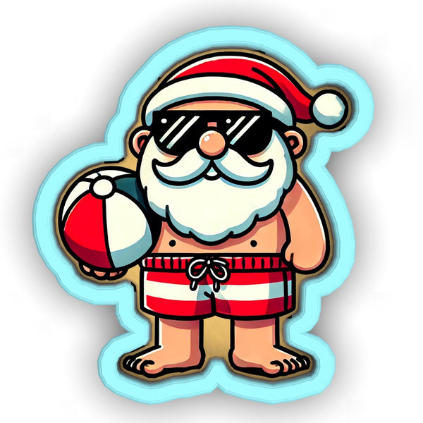 a cartoon santa clause holding a ball and sunglasses