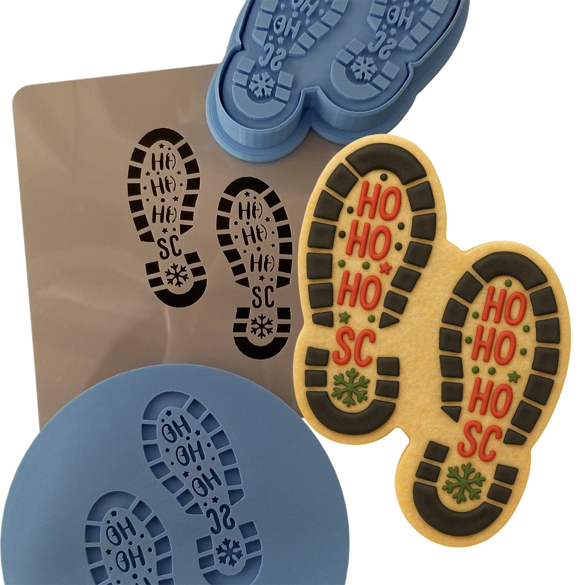 Santa Footprints Cookie Cutter | Stamp | Stencil Xmas / Winter / NYE Cookie Cutter Lady MINI - 2 Inches (5cm) **FULL SET BUNDLE** Cutter + Stamp + Stencil + Debosser **BEST DEAL** 