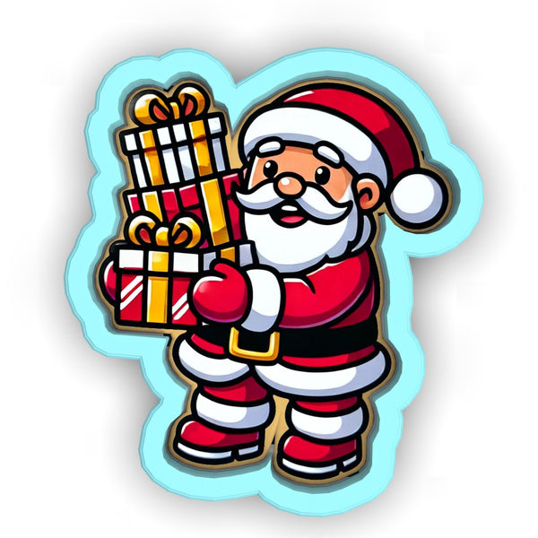 a santa clause holding a large gift box