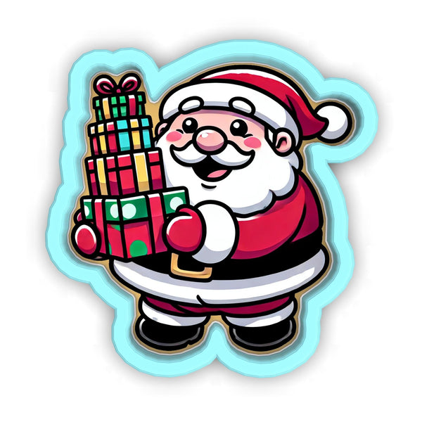 a santa clause holding a stack of presents