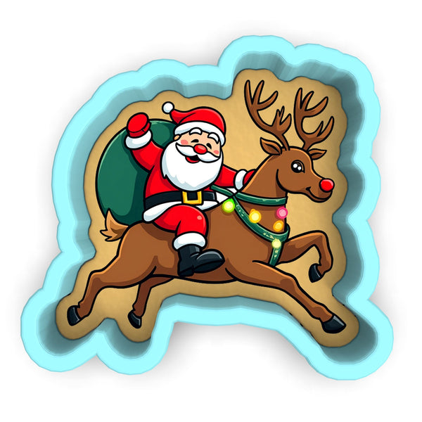 a santa claus riding a reindeer with a bag of gifts