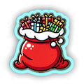 a sticker of a santa sack with presents in it