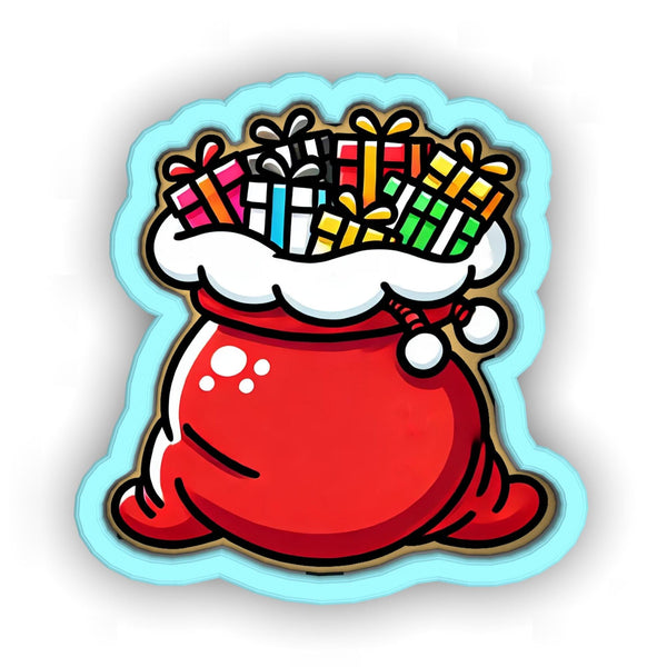 a sticker of a santa sack with presents in it