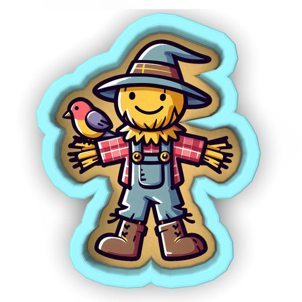 a sticker of a scarecrow holding a bird