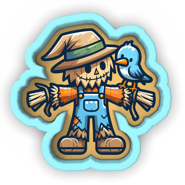 a sticker of a scarecrow holding a bird