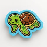 A cartoon turtle with a smiling face is depicted in the image.