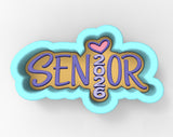 a colorful and stylized text that reads "SENIOR" in a playful font, surrounded by a cloud-shaped design.