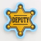 A 3D rendering of a police badge with the word "DEPUTY" prominently displayed on it.