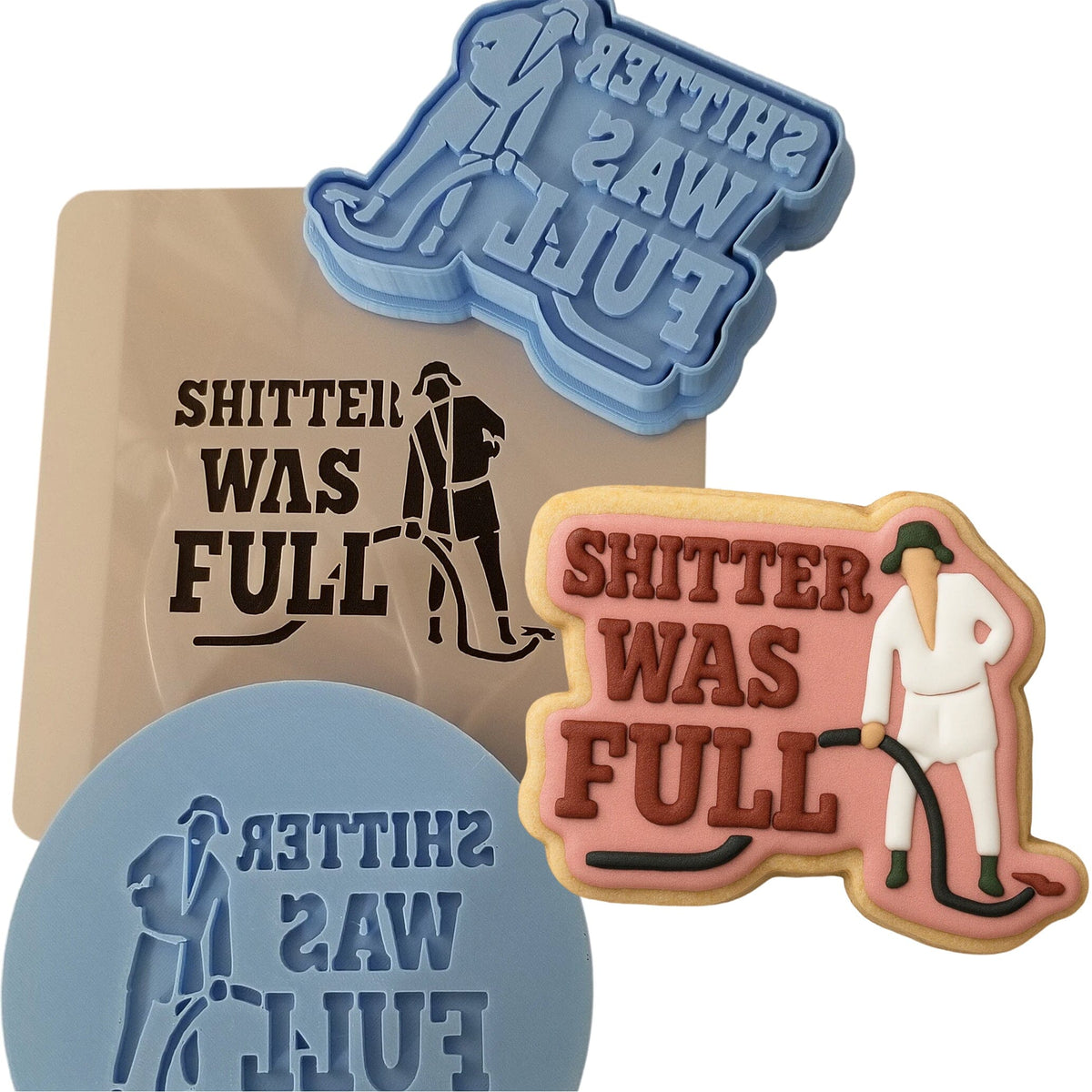 Shitter Was Full Cookie Cutter | Stamp | Stencil #2 Xmas / Winter / NYE Cookie Cutter Lady MINI - 2 Inches (5cm) **FULL SET BUNDLE** Cutter + Stamp + Stencil + Debosser **BEST DEAL** 