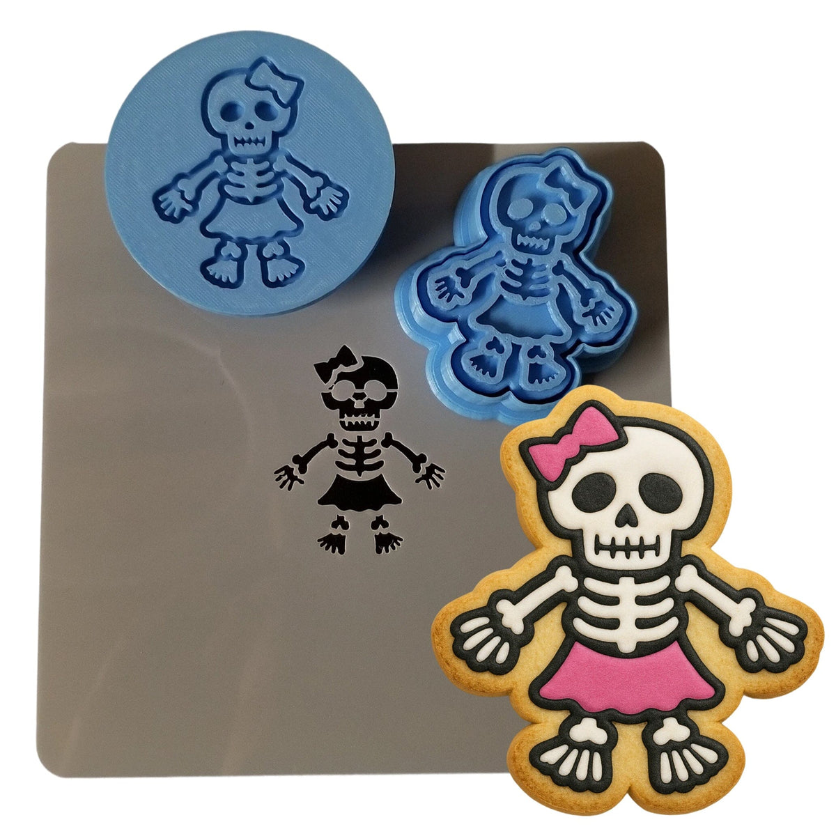 Skeleton Girl Cookie Cutter | Stamp | Stencil #1 Halloween / Fall Cookie Cutter Lady MINI - 2 Inches (5cm) **FULL SET BUNDLE** Cutter + Stamp + Stencil + Debosser **BEST DEAL** 