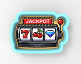 A 3D rendering of a slot machine with the word "JACKPOT" displayed above it.