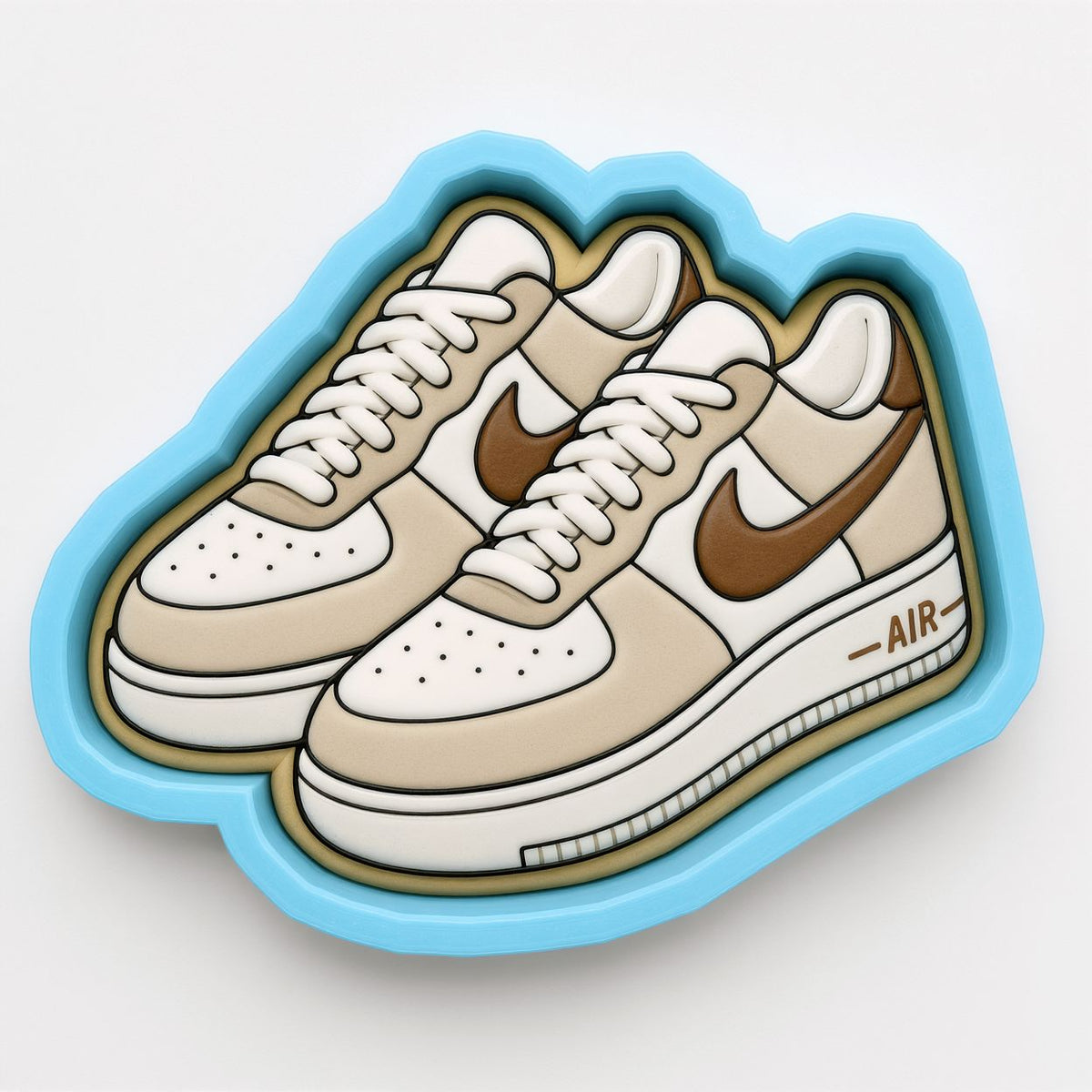 A pair of white and brown Nike Air Force 1 sneakers with the Nike Air logo visible.