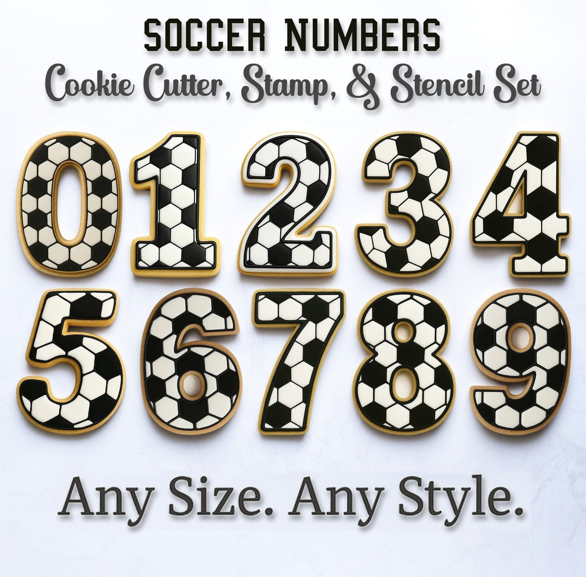 a set of soccer-themed numbers, including cookie cutters, stamps, and stencils in various sizes and styles.