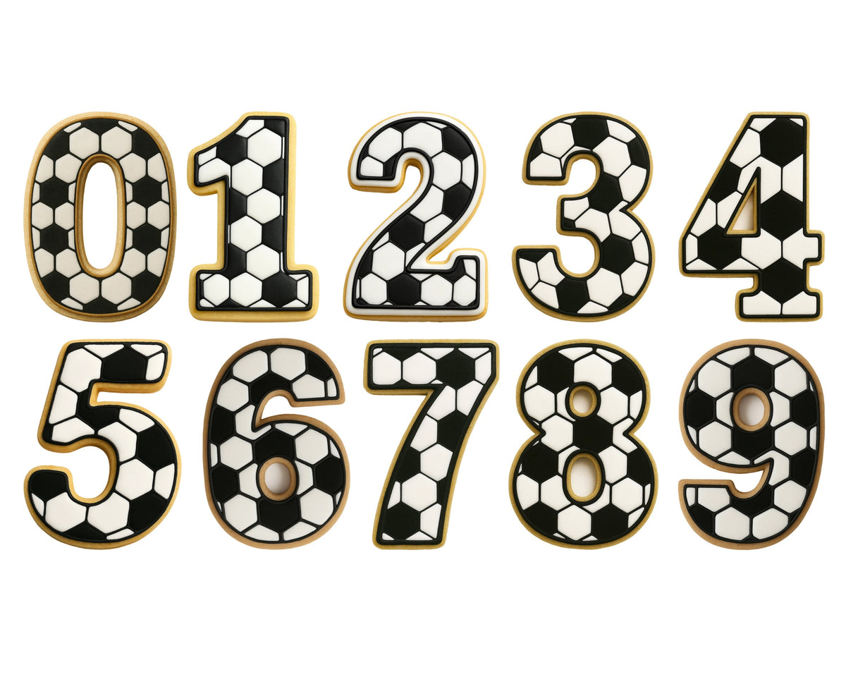 a collection of numbers, each with a unique soccer ball pattern design. The numbers are arranged in a row, with each number having a distinct pattern.