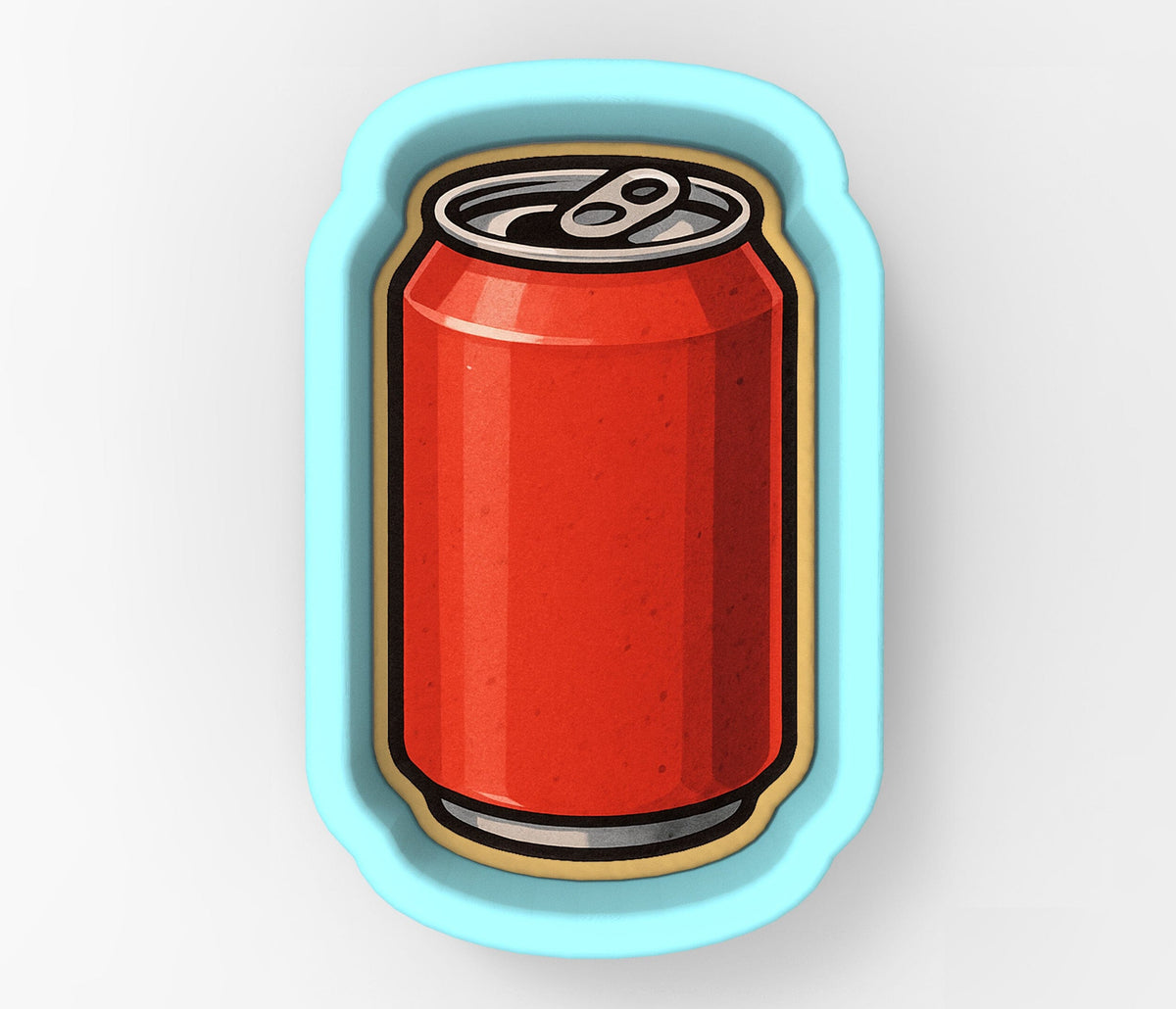 a can of soda in a blue frame