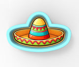 A colorful, cartoon-style sombrero with a yellow brim and a red and green band around the base.