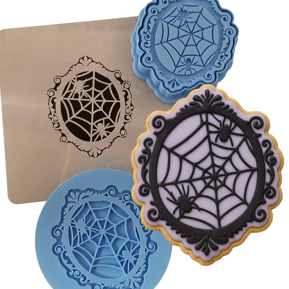 Spider Web Frame Cookie Cutter | Stamp | Stencil #1 Halloween / Fall Cookie Cutter Lady MINI - 2 Inches (5cm) **FULL SET BUNDLE** Cutter + Stamp + Stencil + Debosser **BEST DEAL** 