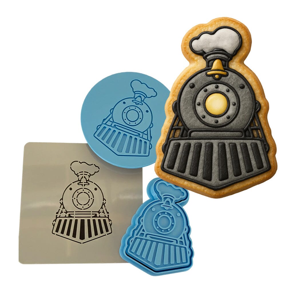 Steam Locomotive Front Cookie Cutter | Stamp | Stencil - SHARP EDGES - FAST Shipping - Choose Your Own Size! #1 Cookie Cutter Lady LITTLE - 3 Inches (7.62cm) **FULL SET BUNDLE** Cutter + Stamp + Stencil + Debosser **BEST DEAL** 