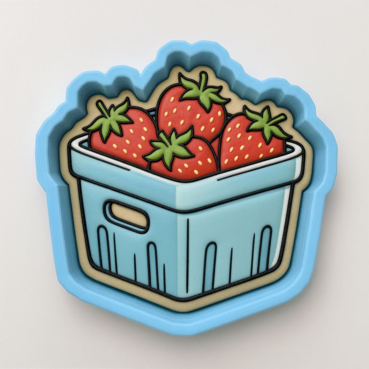 A blue cookie cutter in the shape of a basket, filled with red strawberries.