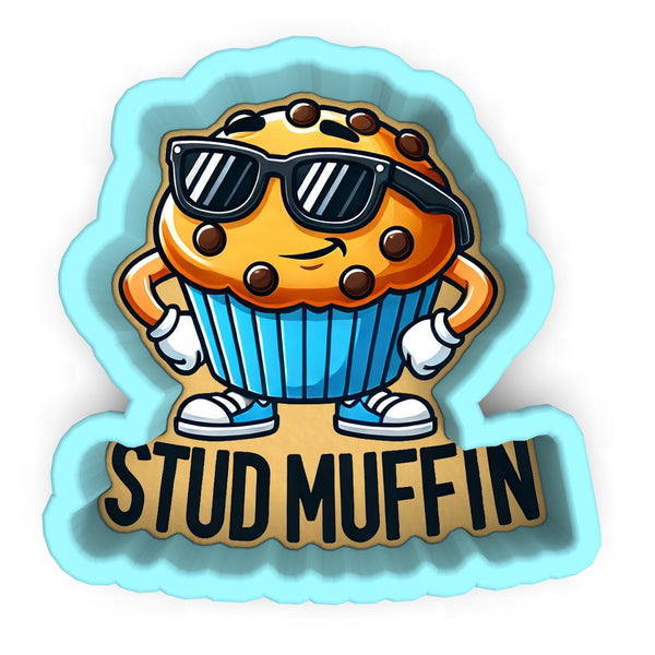 a sticker of a muffin with sunglasses on it