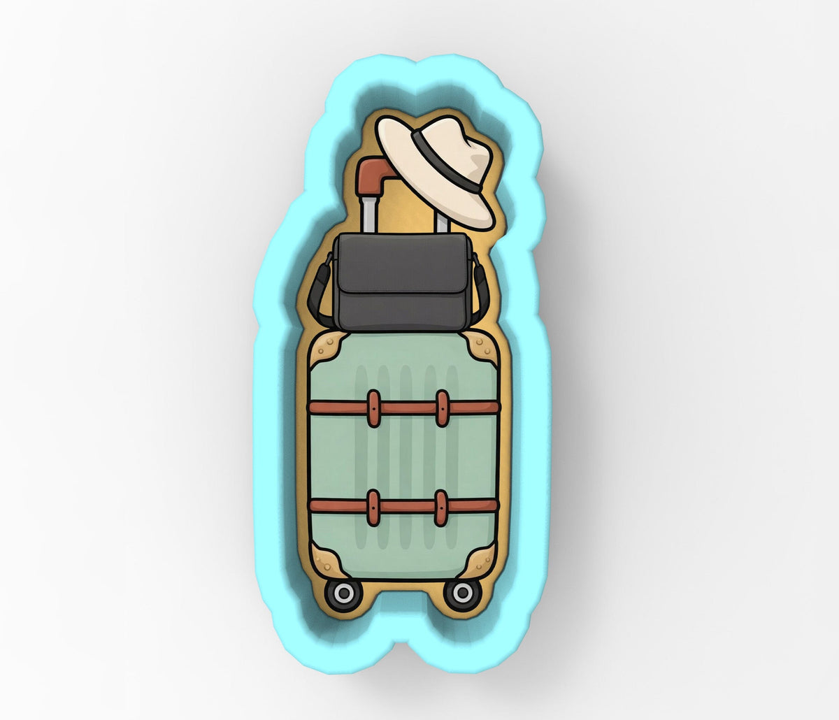 A blue cookie cutter shaped like a suitcase with a hat on top.