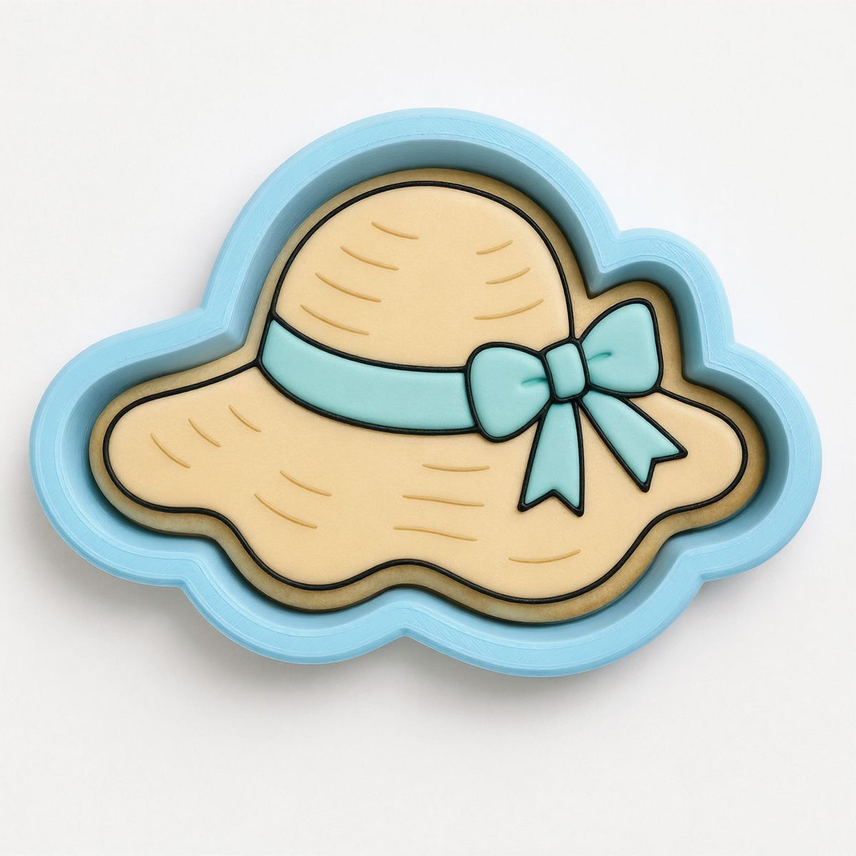 A blue and yellow cartoon-style hat with a bow, designed as a cookie cutter or mold.