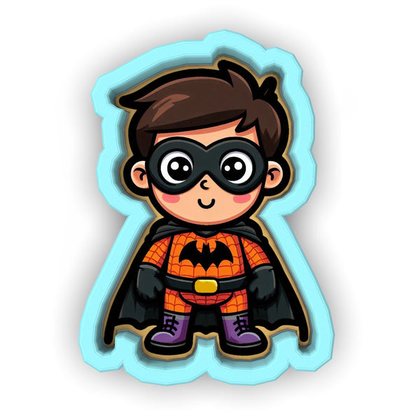 a sticker of a boy dressed as a batman