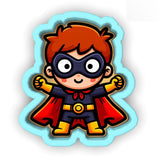 a sticker of a little boy dressed as a super hero