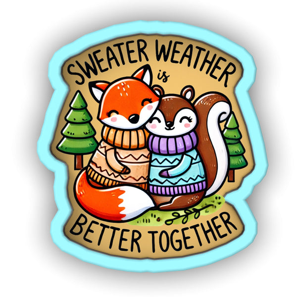 a sticker with an image of a fox and a squirrel hugging