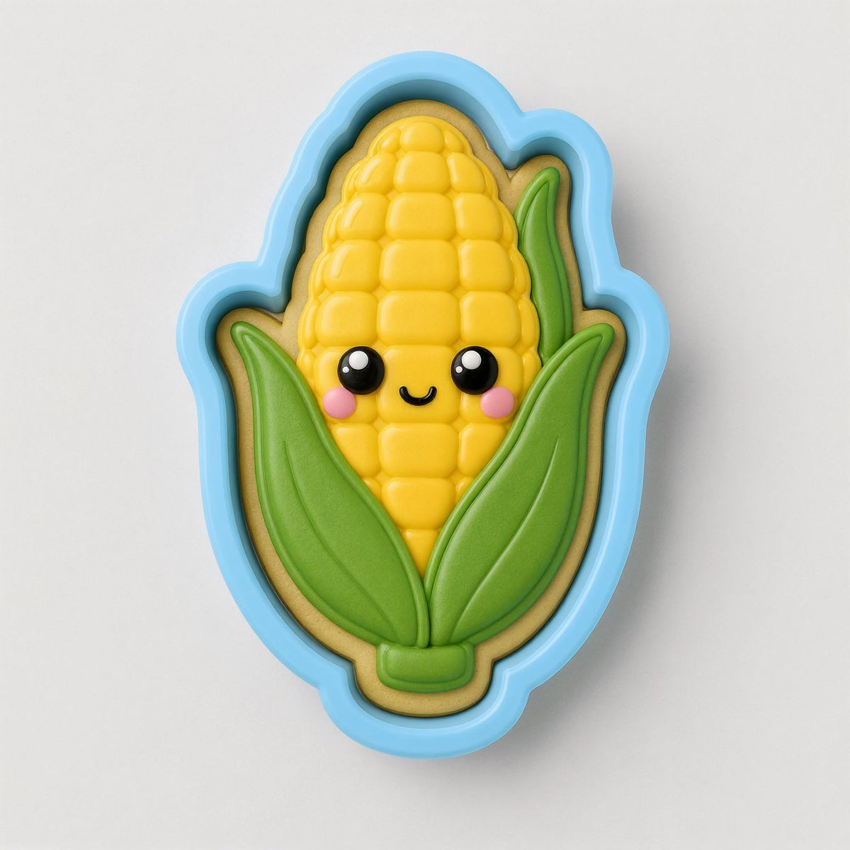 A cookie cutter shaped like a corn cob with a smiling face and green leaves.