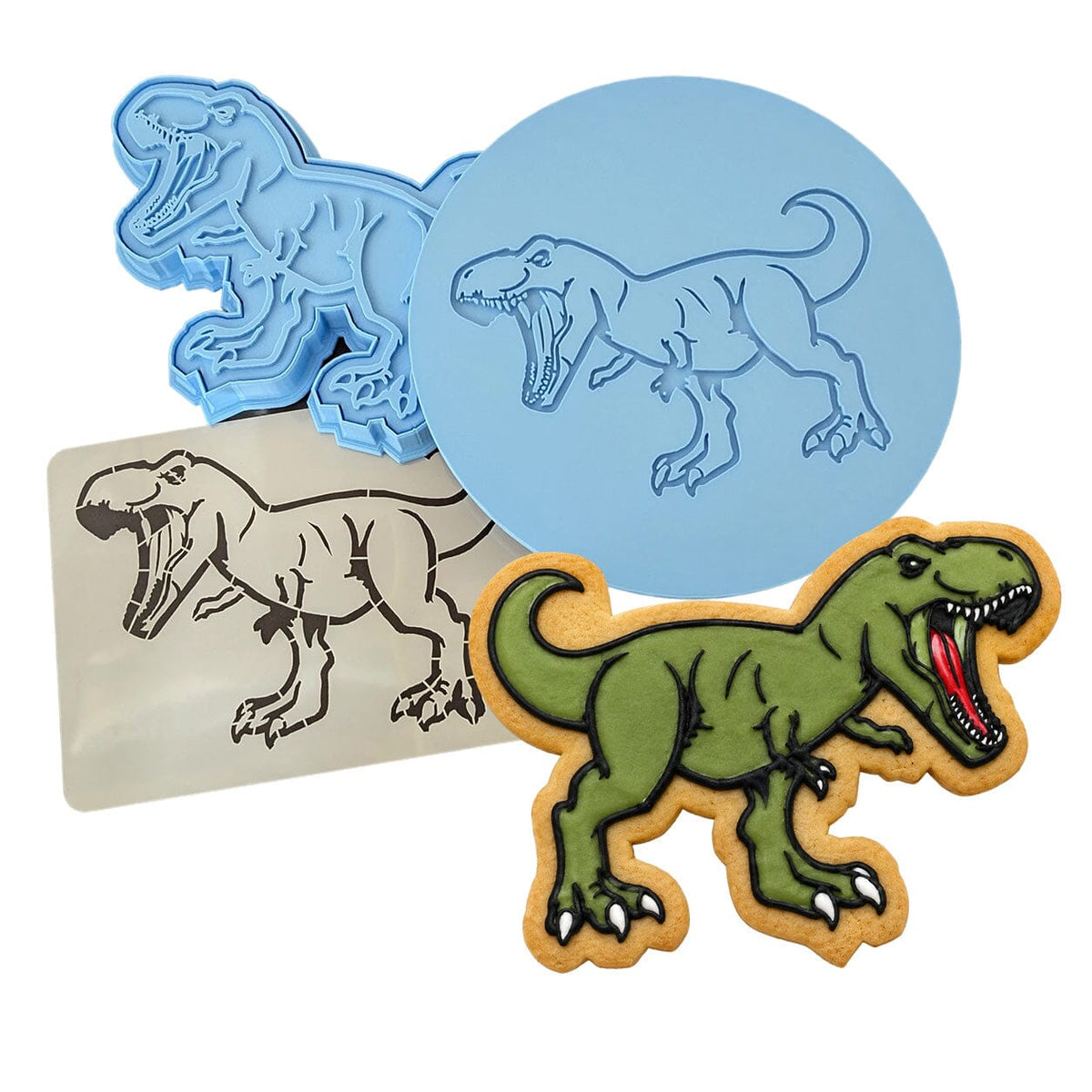 T- Rex Dinosaur Cookie Cutter | Stamp | Stencil #1 Animals & Dinosaurs Cookie Cutter Lady MINI - 2 Inches (5cm) **FULL SET BUNDLE** Cutter + Stamp + Stencil + Debosser **BEST DEAL** 