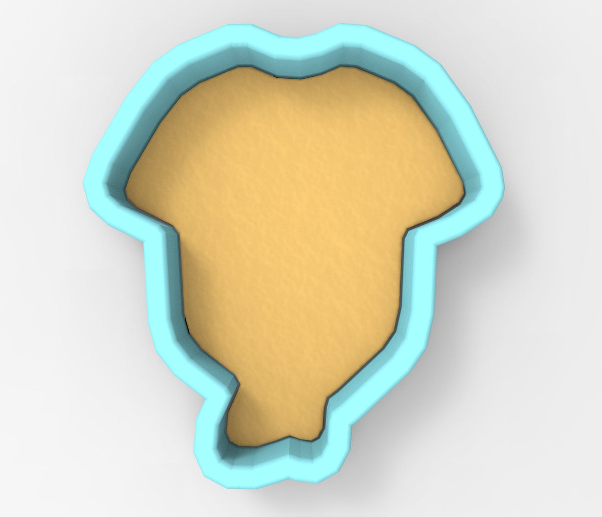 A 3D rendering of a cookie cutter in the shape of a head, with a light yellow color and a blue outline.