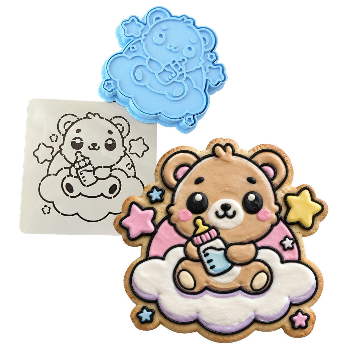 Teddy Bear Baby Bottle Clouds Cookie Cutter | Stamp | Stencil - SHARP EDGES - FAST Shipping - Choose Your Own Size! #1 Cookie Cutter Lady LITTLE - 3 Inches (7.62cm) **BUNDLE** Cutter + Stamp + Stencil 