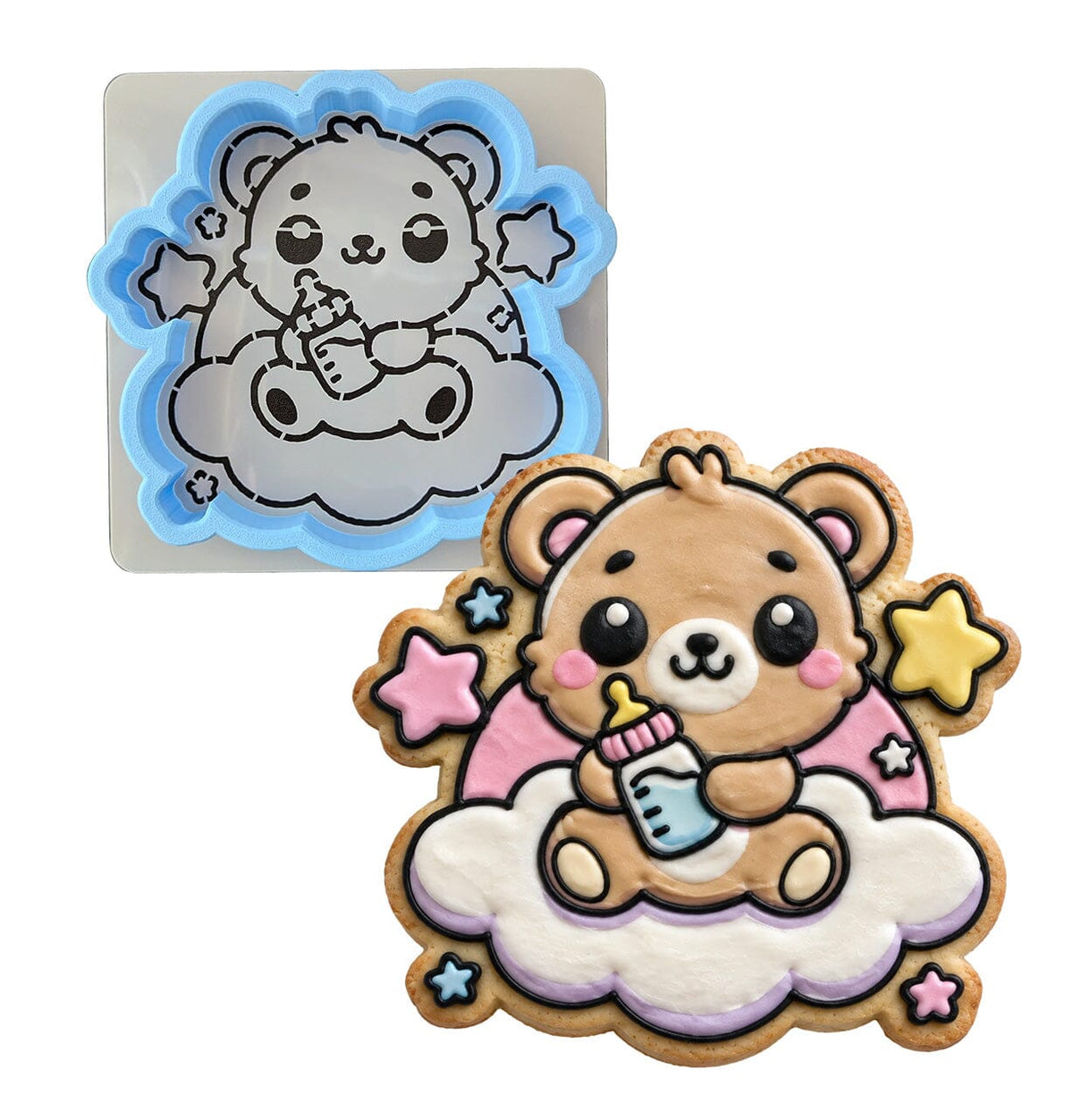 Teddy Bear Baby Bottle Clouds Cookie Cutter | Stamp | Stencil - SHARP EDGES - FAST Shipping - Choose Your Own Size! #1 Cookie Cutter Lady LITTLE - 3 Inches (7.62cm) **BUNDLE** Cutter + Stencil 