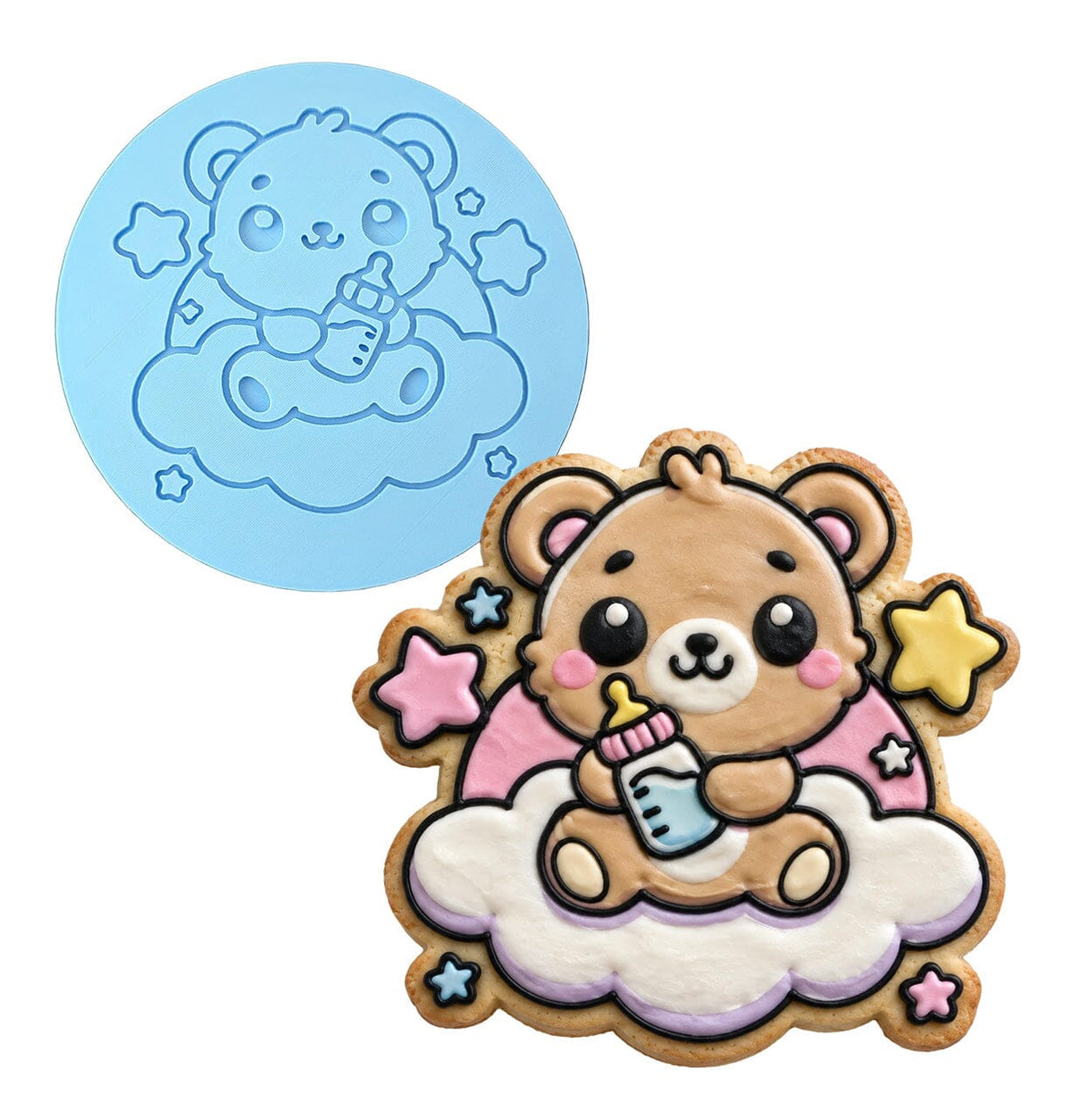 Teddy Bear Baby Bottle Clouds Cookie Cutter | Stamp | Stencil - SHARP EDGES - FAST Shipping - Choose Your Own Size! #1 Cookie Cutter Lady LITTLE - 3 Inches (7.62cm) Debosser ONLY 